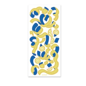 May include: A digital illustration of yellow lemon slices and blue swirls on a white background. The image is a repeating pattern of lemons and swirls.