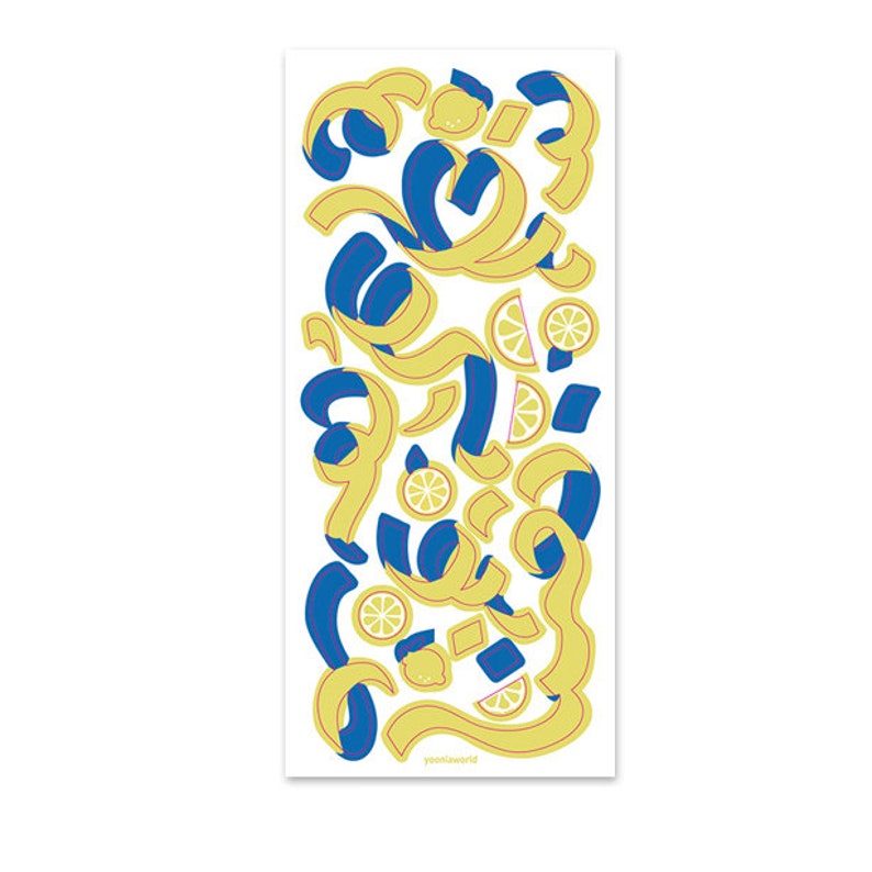 May include: A digital illustration of yellow lemon slices and blue swirls on a white background. The image is a repeating pattern of lemons and swirls.