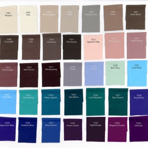 May include: A color chart with 35 fabric swatches, each labeled with a number and a name. The swatches are arranged in a grid of five rows and seven columns. The colors range from light to dark, and include shades of brown, blue, green, purple, and pink.