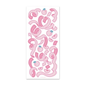 May include: Pink and white peach themed sticker sheet with peach slices, peaches, and ribbons. The sheet says "yoncaworld" at the bottom.