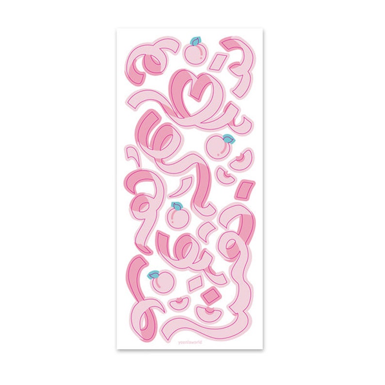 May include: Pink and white peach themed sticker sheet with peach slices, peaches, and ribbons. The sheet says "yoncaworld" at the bottom.
