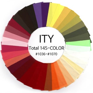 May include: A colour chart of 145 different colours of ITY fabric, arranged in a circle. The colours range from deep red to light yellow. The text "ITY Total 145-COLOR #1036-#1070" is printed in the centre of the circle.