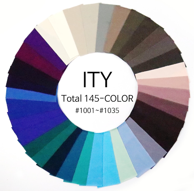 May include: A color chart with 35 fabric swatches arranged in a circle. The swatches are in various shades of blue, green, brown, gray, and pink. The text "ITY Total 145-COLOR #1001~#1035" is printed in the center of the circle.