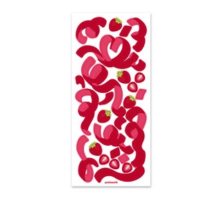 May include: A digital illustration of red and pink strawberry shapes on a white background. The illustration is a repeating pattern of strawberry slices and whole strawberries.