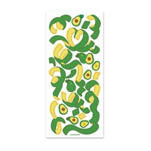 May include: A sticker sheet with a repeating pattern of green avocado halves and yellow avocado peels. The sticker sheet has the text "yooniiaworld" at the bottom.