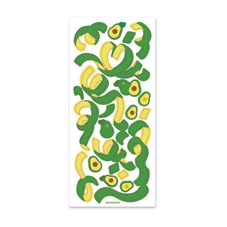 May include: A sticker sheet with a repeating pattern of green avocado halves and yellow avocado peels. The sticker sheet has the text "yooniiaworld" at the bottom.