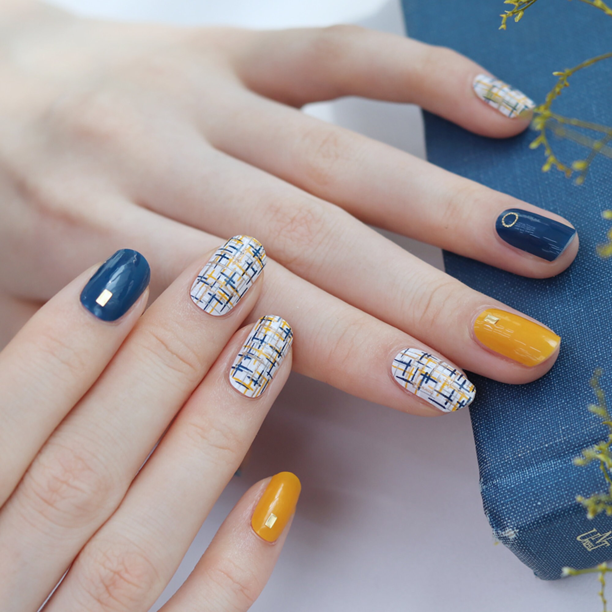 Navy Mustard Tweed Check Zipkok Gel Nail Strips Etsy