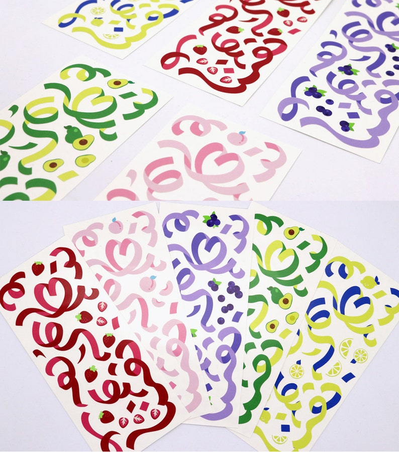 May include: Six sheets of colorful stickers with different designs. Each sheet features a different fruit or berry theme: strawberries, peaches, blueberries, lemons, avocados, and a mix of all fruits. The stickers are perfect for adding a touch of whimsy to journals, planners, and other craft projects.