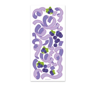 May include: Purple and pink swirls with blue blueberries on a white background. The design is perfect for scrapbooking, card making, or other craft projects.