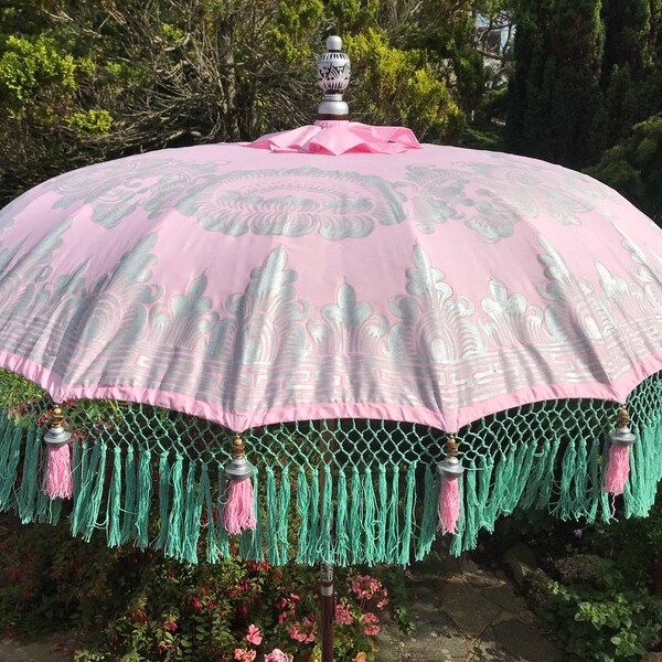 Garden Parasol handcrafted in Bali.  Pale pink/green with silver painting and trim.