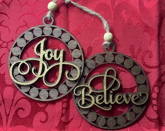 Ornament Set - Joy/Believe - Ornaments - Wood Ornaments - Wooden Ornaments - Layered Ornaments - Round Cut Ornaments - Laser Cut Ornaments