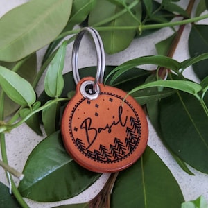 Custom Leather Dog Tags - Handmade Engraved Stargazing Nature Design - Saddle Tan Leather Circle Tag