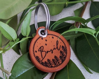 Custom Leather Dog Tags - Handmade Engraved Stargazing Nature Design - Saddle Tan Leather Circle Tag