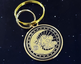Placa de identificación personalizada para mascotas con diseño de Luna y esmalte: identificación celestial grabada para perro y gato