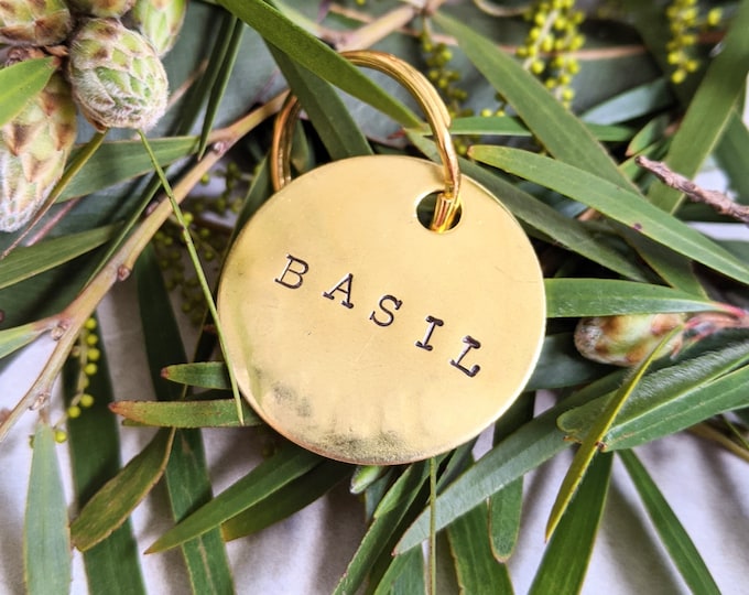 Custom Hand Stamped Dog Tags Gold Handmade Engraved Typewriter Font