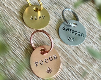 Small Circle Pet Tags - Simple Hand Stamped Cat Dog Id Tag - Brass Copper Aluminium Circle Tag