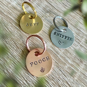 Small Circle Pet Tags - Simple Hand Stamped Cat Dog Id Tag - Brass Copper Aluminium Circle Tag