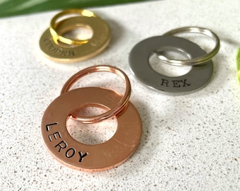 Ring Dog Tags Hand Stamped - Simple Washer Pet Id Tag - Handmade Brass Copper Stainless Steel Circle Ring Tag