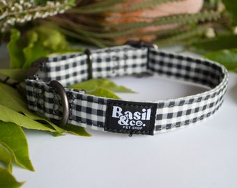 May include: Black and white gingham dog collar with a black label that says "Basil & Co. Pet Shop".
