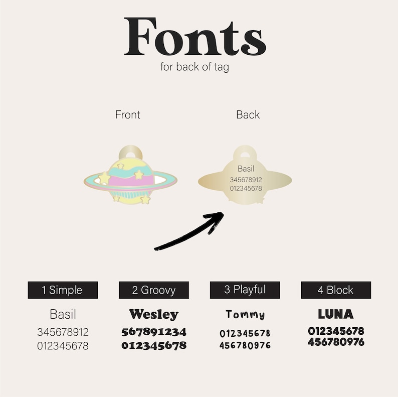 May include: Image showing pet tag font options. The word "Fonts" is at the top. The front of the tag is a colorful planet design. The back of the tag is gold with the name "Basil" and phone numbers. Four font styles are shown with example names and numbers.