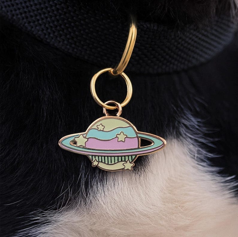 May include: A colorful planet-shaped pet tag with a gold-colored ring. The tag features a light blue, pink, and green planet design with star accents. The tag is attached to a black pet collar, set against a background of black and white fur.