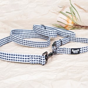 Gingham Dog Collar Leash Set - Rustic Pattern Dog Collar Lead Set - Black Metal Clips