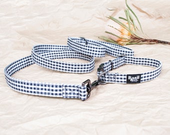 Gingham Dog Collar Leash Set: Black Metal Hardware