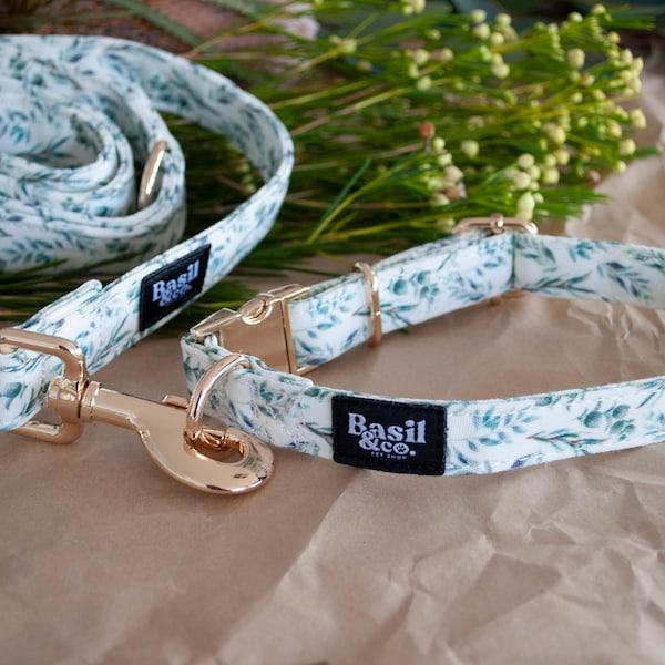 Leaf Pattern Dog Collar Leash Set - Plants Fern Dog Collar Lead Set - Gold Metal Clips