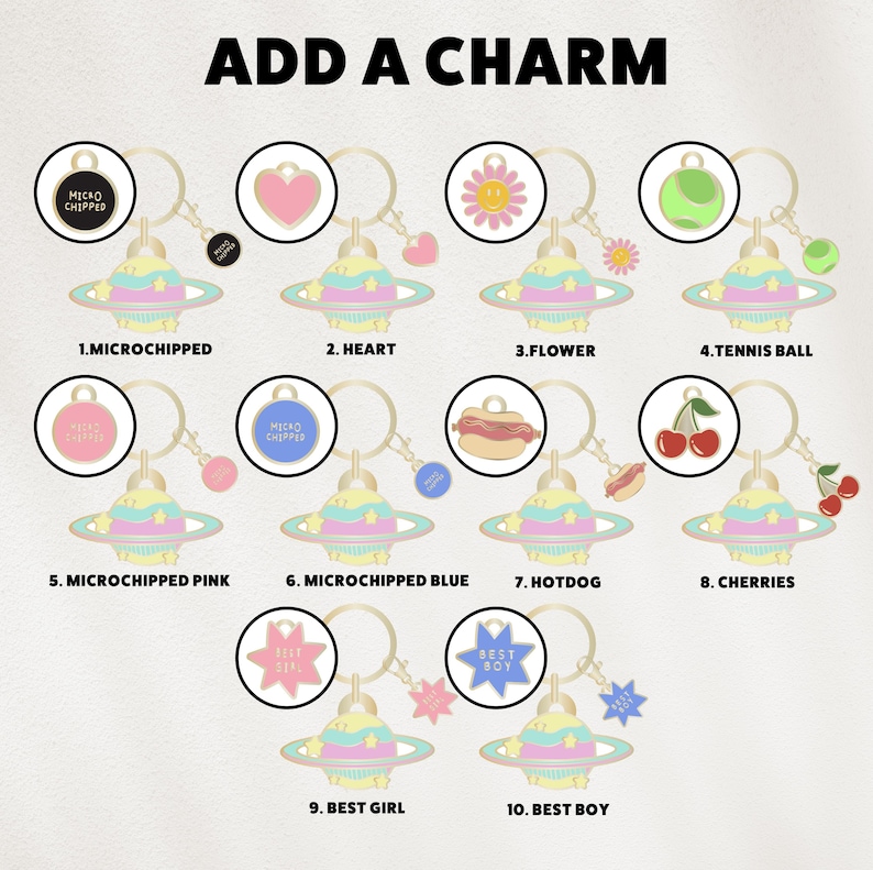 May include: A collection of keychains with various charms, including a heart, flower, tennis ball, hotdog, and cherries. Each keychain features a planet-shaped charm with pastel colors and the text "ADD A CHARM".