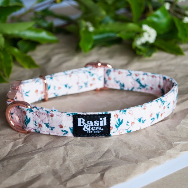 Floral Dog Collar - Flower Pattern Dog Collar - Rose Gold Metal Clip