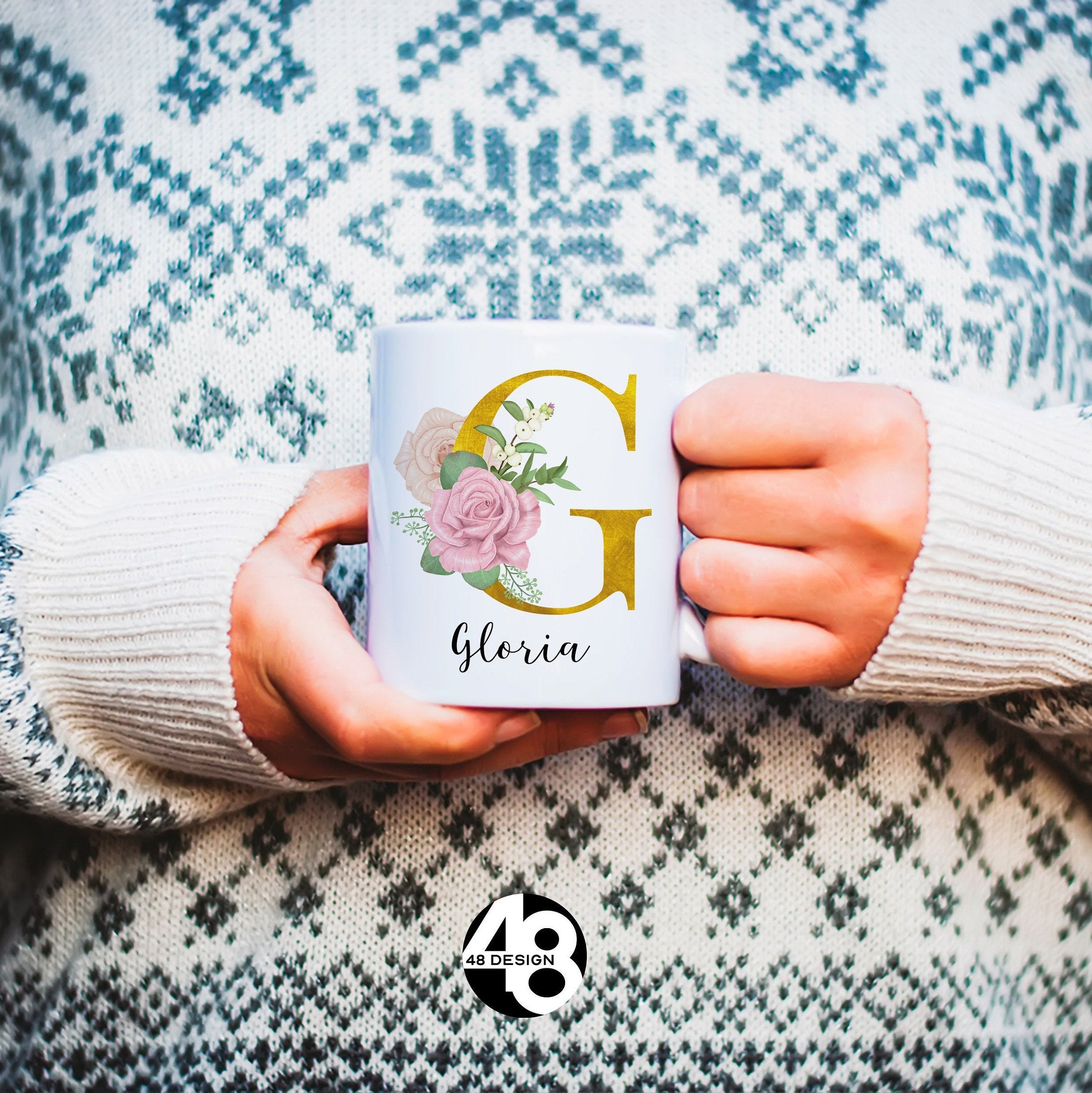 Letter Mug Personalised Gold Initial Mug Floral Letter Etsy UK