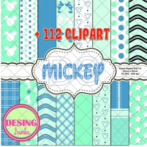 Mickey Digital Scrapbooking 19 decorated sheets of Mickey Mouse. Baby Shower, Cards, Layouts, Wallpaper. Includes Die Cuts DS114