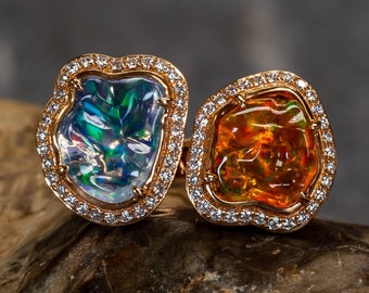Opale di gelatina messicano personalizzato in oro rosa 18 carati e anello di diamanti