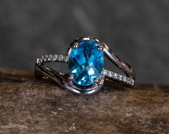 14k Weißgold Blautopas und Diamant Ring