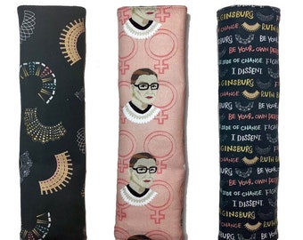 RBG Car Seatbelt Cover, Purse Strap Pad Black Pink, Ruth Bader Ginsberg, Soft Cotton, Snap Shoulder Belt Neck Cushion, Feminist Lawyer Gift