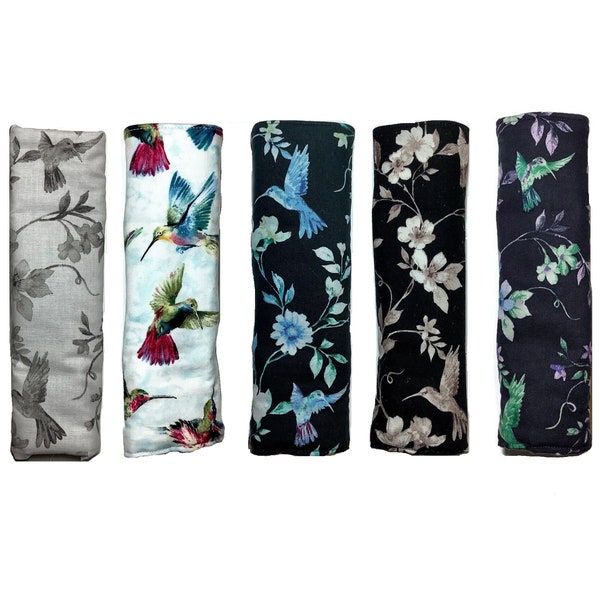 Hummingbird Car Seat Belt Cover, Seatbelt Cushion, Blue White Purple Floral Hummer, Padded Quilted Cotton, Soft Comfortable Neck Strap Pad