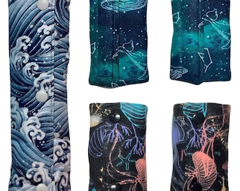 Ocean Seat Belt Cover Pad, Whale Fish Jellyfish Beach Surfing, Snap Purse Neck Strap, 100% Cotton, Car Seatbelt Shoulder Cushion, Adult XL
