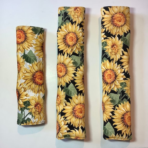 Sunflower Seatbelt Cover, Black Yellow Floral Stalk, Purse Shoulder Strap Pad, Car Seat Belt Neck Cushion, Padded Cotton, Soft Comfortable
