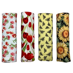 Floral Car Seat Belt Cover, Red Tulip Flower Neon Yellow Sunflower, Seatbelt Cushion, Padded Quilted Cotton, Soft Comfortable Neck Strap Pad