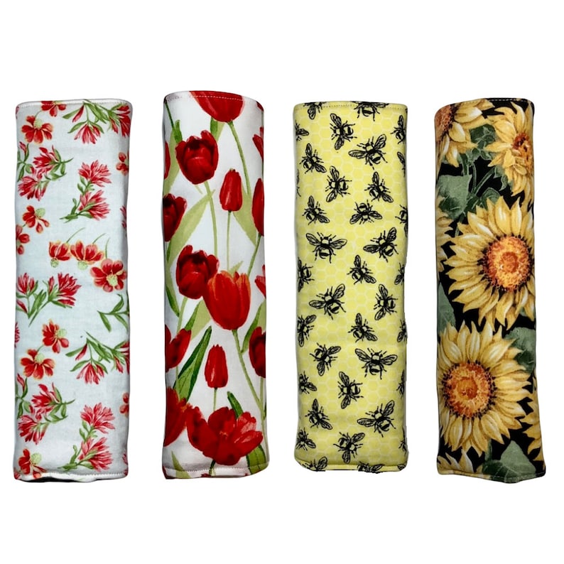 Floral Car Seat Belt Cover, Red Tulip Flower Neon Yellow Sunflower, Seatbelt Cushion, Padded Quilted Cotton, Soft Comfortable Neck Strap Pad