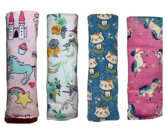 Unicorn Seatbelt Cover, Snap Car Seat Strap Pad, Pink Blue Purple, Fantasy Moon Pegasus Cat,  Soft Padded Cotton, Shoulder Neck Protection