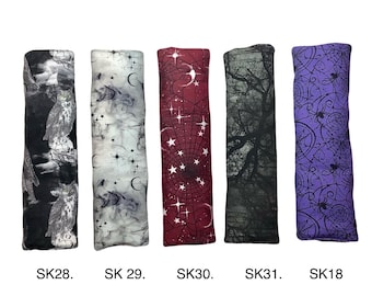 Halloween Purse Strap Snap Cover Pad, Skull Skeleton Moon, No Snag, Neck Shoulder Protector, Backpack Cushion, Washable 100% Cotton, 1” 2”
