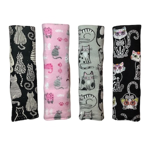 Kitty Cat Seatbelt Cover Pad, Snap Car Seat Belt Strap, Black White Rainbow Tabby Tuxedo Kitten, Padded Quilted 100% Cotton, Neck Shoulder