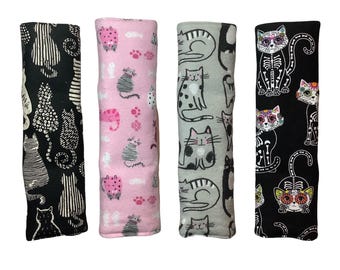 Kitty Cat Seatbelt Cover Pad, Snap Car Seat Belt Strap, Black White Rainbow Tabby Tuxedo Kitten, Padded Quilted 100% Cotton, Neck Shoulder