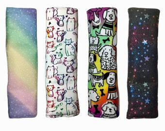 Rainbow Seatbelt Cover, Snap Car Seat Strap Pad, Pastel Sugar Skull Dog Cat, Pink Blue Purple, Soft Padded Cotton, Shoulder Neck Protection