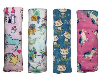 Unicorn Seatbelt Cover, Snap Car Seat Strap Pad, Pink Blue Purple, Fantasy Moon Pegasus Cat, Soft Padded Cotton, Shoulder Neck Protection XL