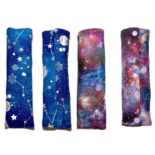Galaxy Seatbelt Cover, Outer Space Moon Sky, Soft Padded Quilted 100% Cotton, Custom Snap Pad, Blue Purple Sci-Fi Car Seat Belt, Adult Child