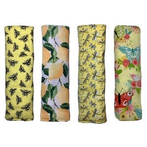 Cubierta amarilla del cinturón de seguridad, almohadilla de la correa del cuello del bolso snap, libélula de girasol de mariposa de limón sólido, 100% algodón suave, cojín acolchado para el hombro del coche