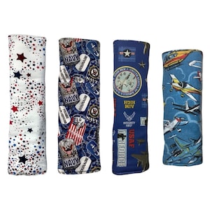 Military Seatbelt Cover, US Soldier Pilot Sailor Veteran, Car Plane Ship, Patriotic USA, Soft Padded Cotton, Snap Shoulder Pad, Neck Strap