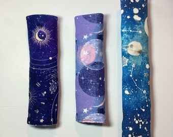 Lunar Moon Seatbelt Cover, Padded Quilted 100% Cotton, Soft Flannel Snap, Glitter Galaxy Outer Space Rainbow, Child Adult Car Seat Belt Pad